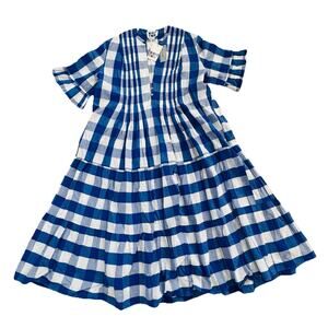 New Anthropologie WHIT TWO Blue Gingham Tiered Dress L Petite $228 NWT